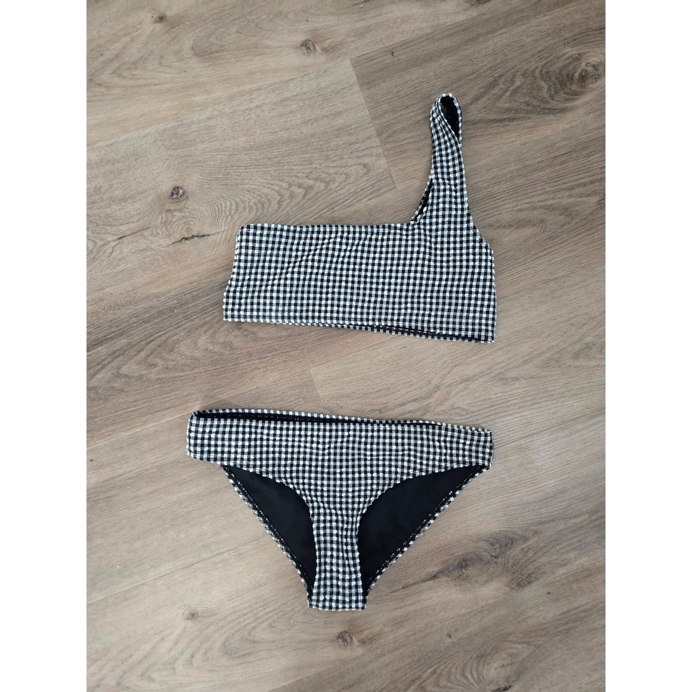 Brave Soul London Gingham One Shoulder Bikini Set Black White Small LSWB-382